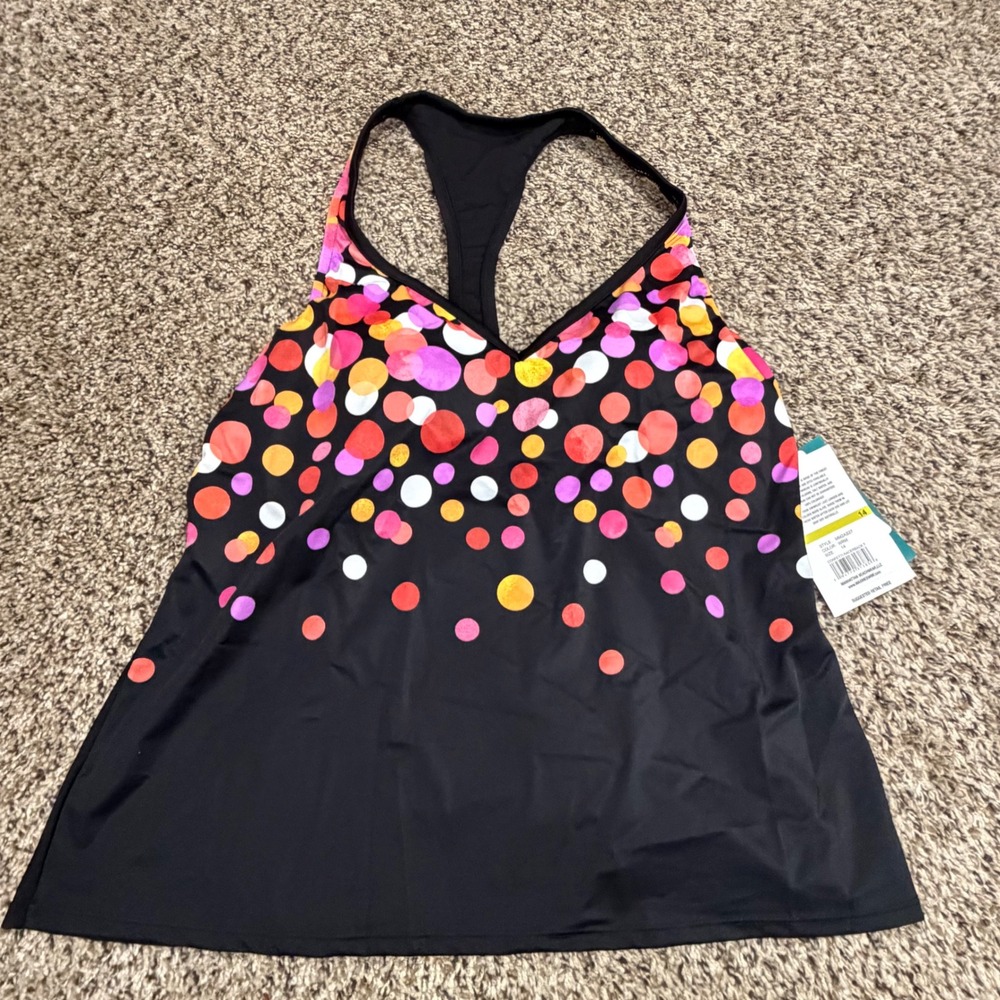 Maxine of Hollywood Womens Polka Dot Racerback Tankini Top Black Pink Size 14